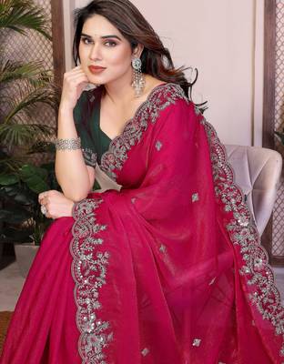 pink chiffon embroidered saree with multi sequin work 2