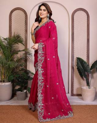pink chiffon embroidered saree with multi sequin work 4