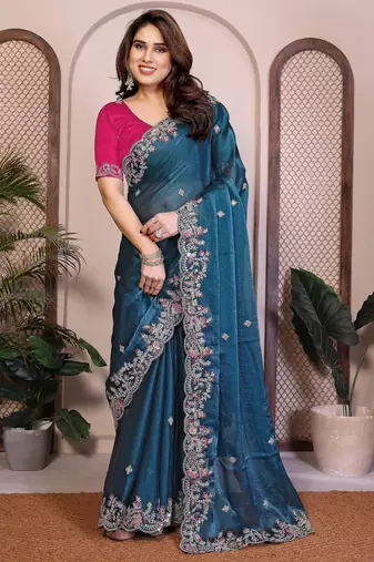 blue chiffon saree with heavy embroidery sequins