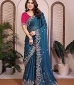 Pleasing blue frendy chiffon embroidery multi sequence work indian party wear saree