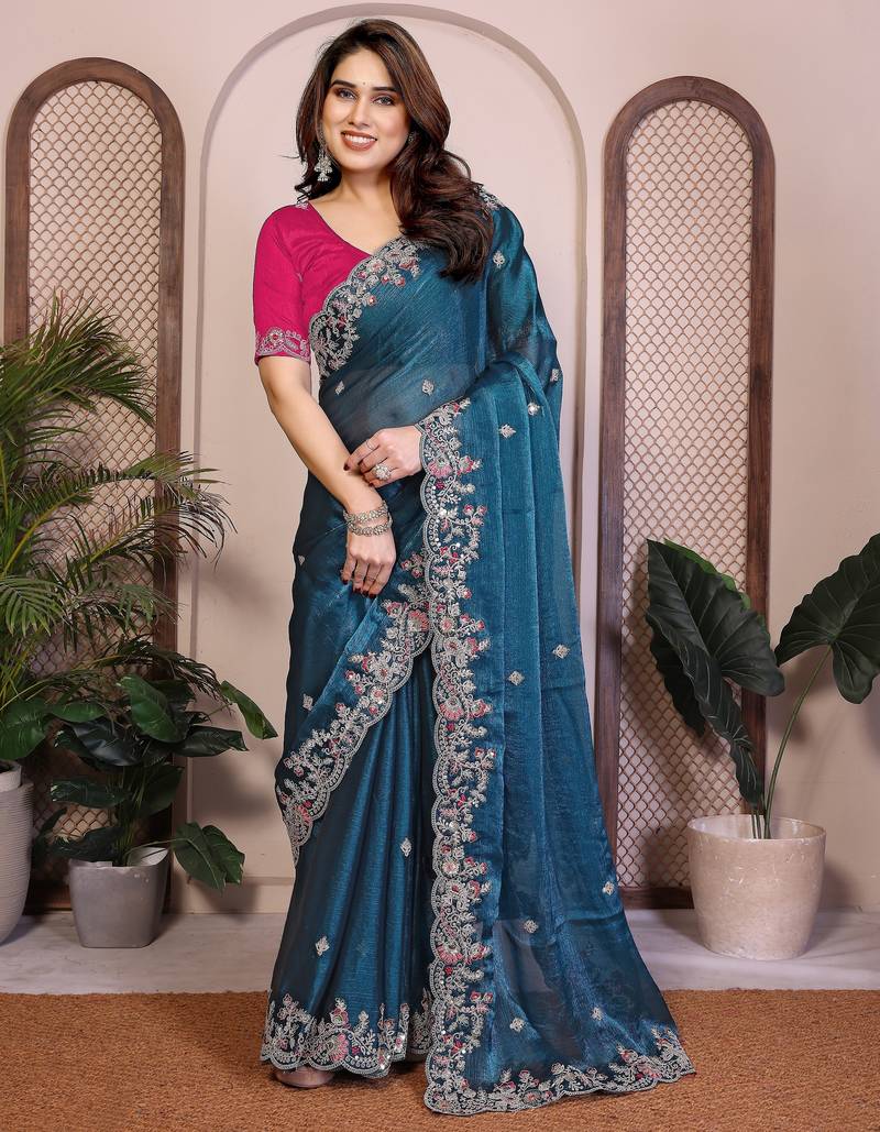 Pleasing blue frendy chiffon embroidery multi sequence work indian party wear saree