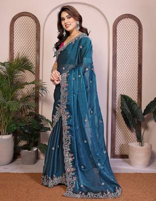 blue chiffon saree with heavy embroidery sequins 2