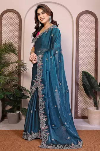 blue chiffon saree with heavy embroidery sequins