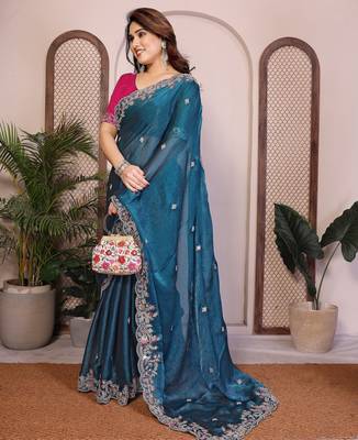 blue chiffon saree with heavy embroidery sequins 3