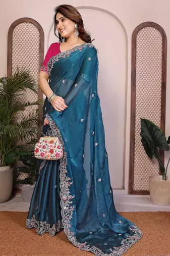 blue chiffon saree with heavy embroidery sequins