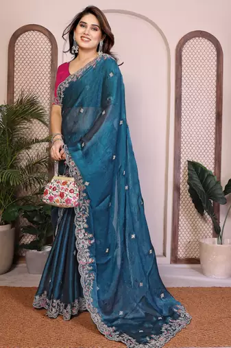 blue chiffon saree with heavy embroidery sequins