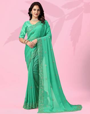 green festive art silk saree with sequin border work 1