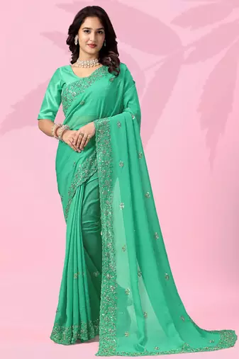 Pleasant green art silk thread and sequins embroidered indian wedding saree