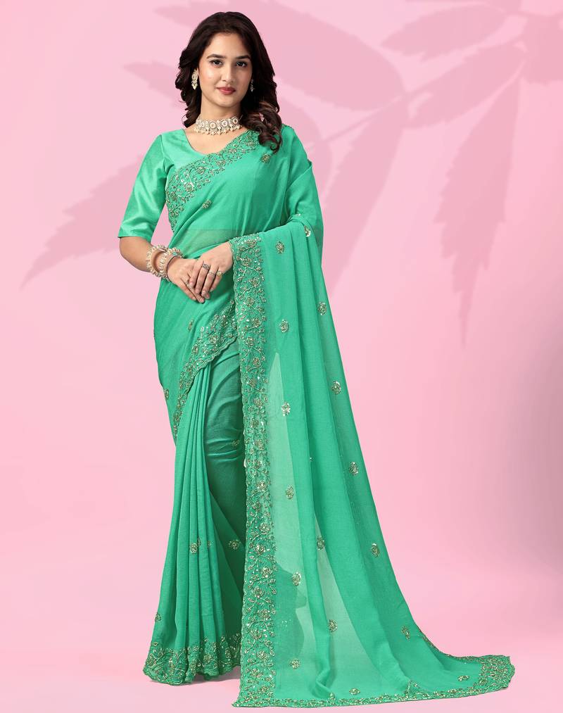 Pleasant green art silk thread and sequins embroidered indian wedding saree