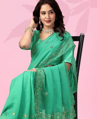 green festive art silk saree with sequin border work 2