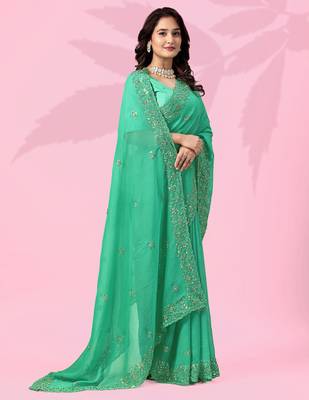 green festive art silk saree with sequin border work 3
