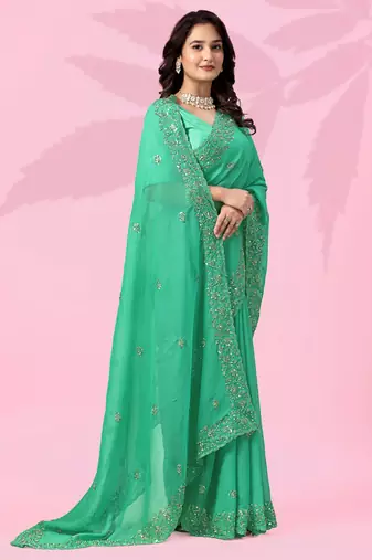 green festive art silk saree with sequin border work
