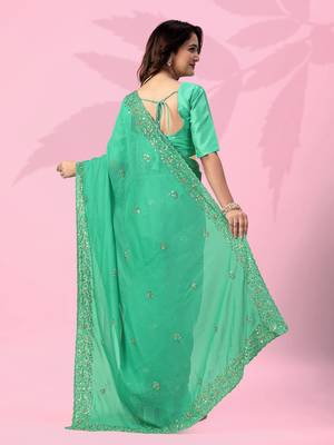 green festive art silk saree with sequin border work 4