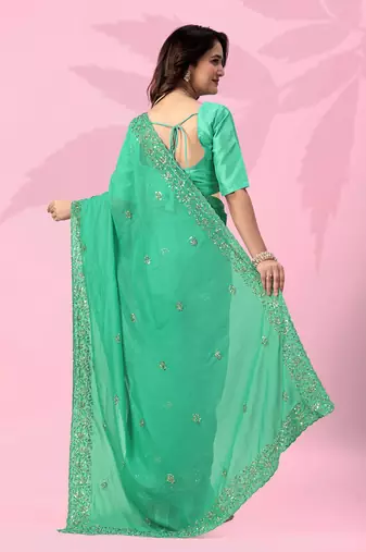 green festive art silk saree with sequin border work