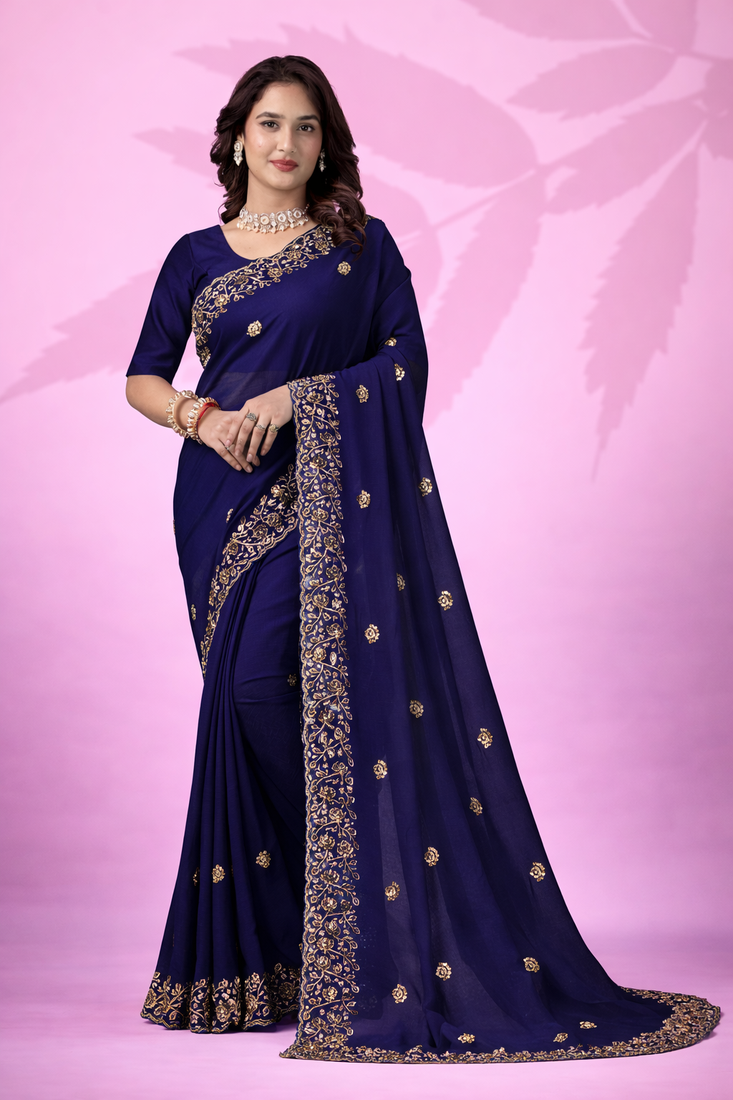 Agreeable blue art silk thread and sequins embroidered indian party wear saree
