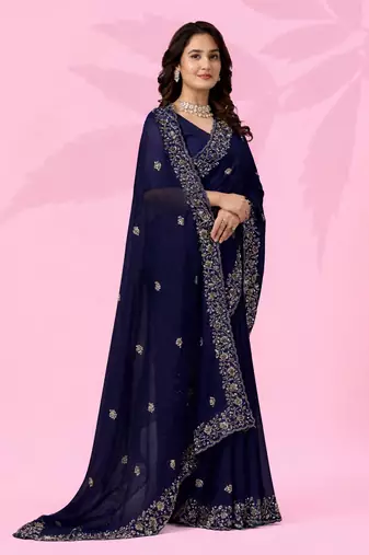 blue art silk embroidered saree with sequin detail