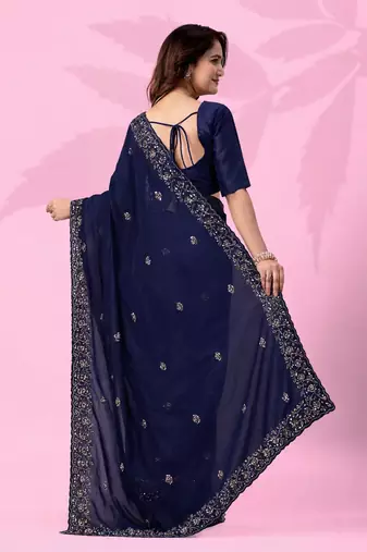 blue art silk embroidered saree with sequin detail