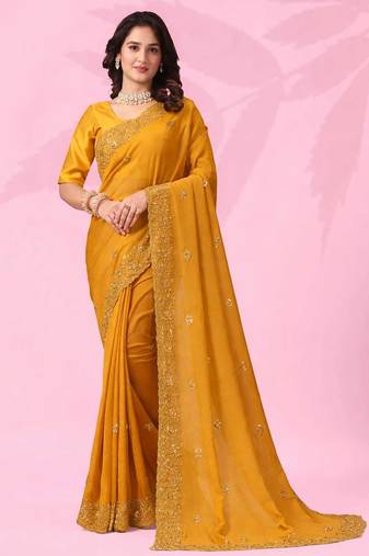 Lovely yellow art silk thread and sequins embroidered indian traditional saree