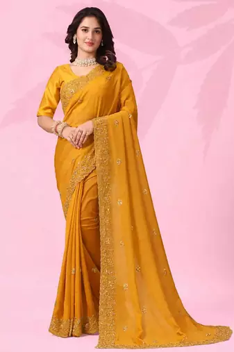 mustard yellow art silk saree with hand embroidery & sequin detailing