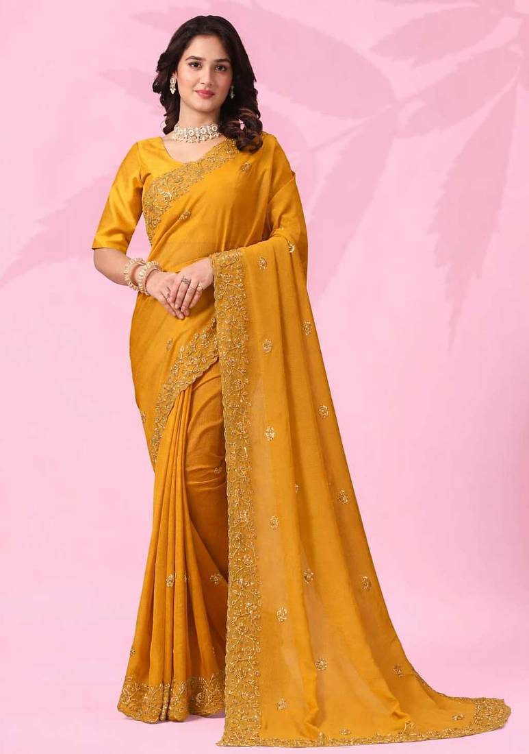 Lovely yellow art silk thread and sequins embroidered indian traditional saree