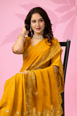 mustard yellow art silk saree with hand embroidery & sequin detailing 2