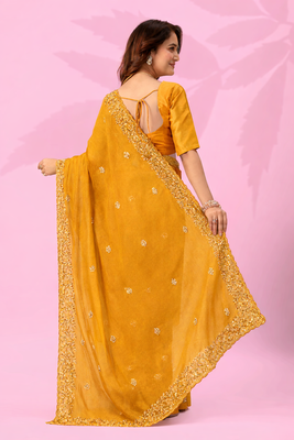 mustard yellow art silk saree with hand embroidery & sequin detailing 4