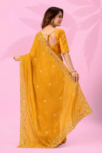 mustard yellow art silk saree with hand embroidery & sequin detailing
