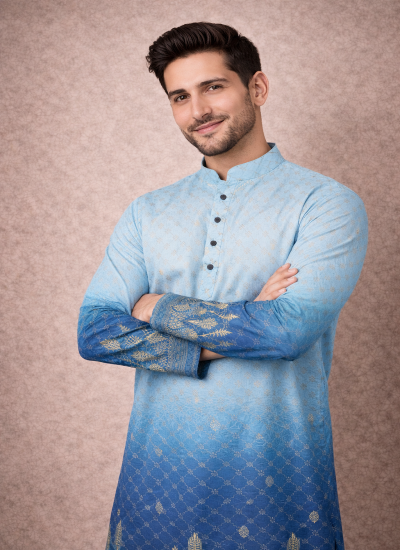blue rayon cotton zari weaving designer kurta pajama