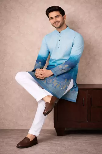 blue rayon cotton zari weaving designer kurta pajama