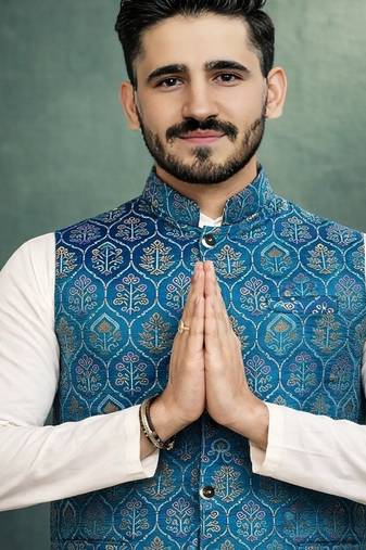 teal pink jacquard silk koti kurta payjama set