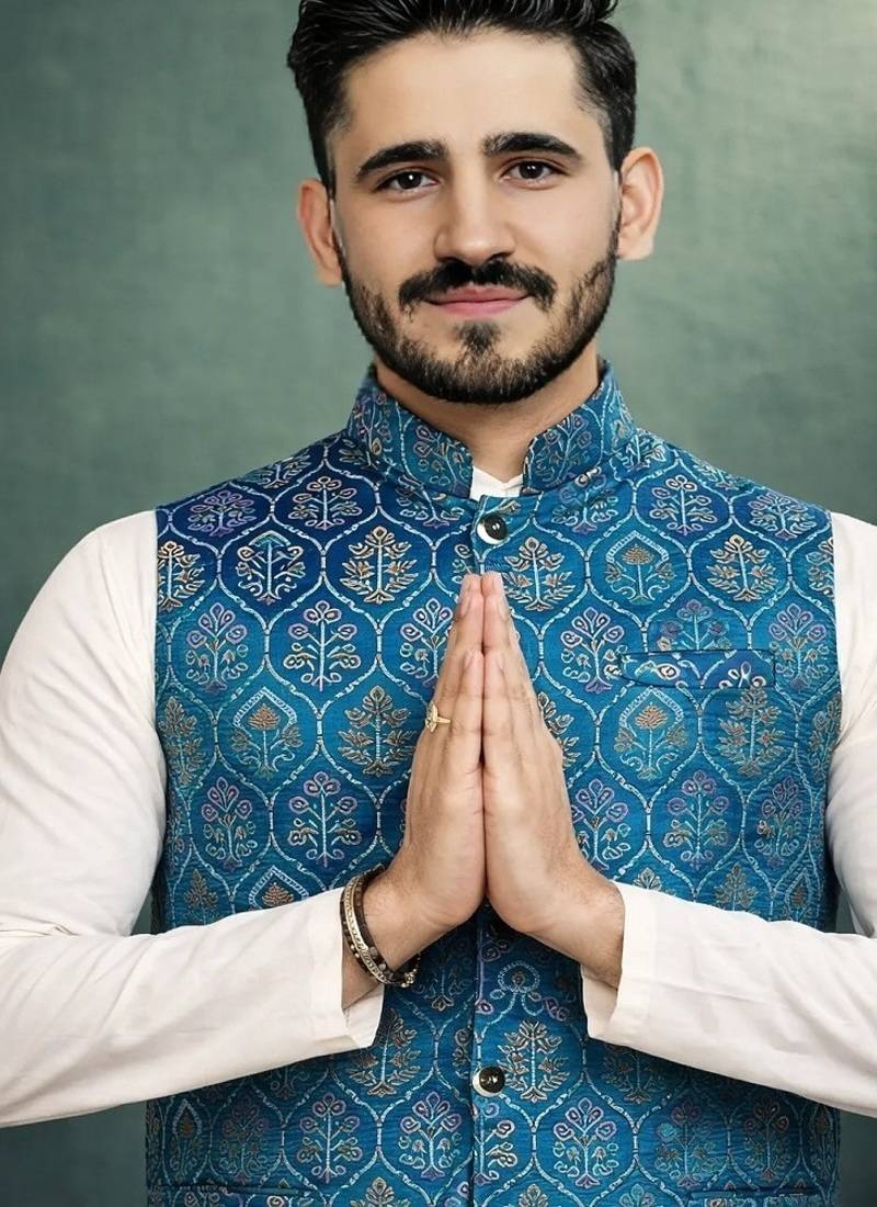 teal pink jacquard silk koti kurta payjama set