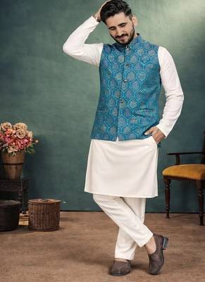 teal pink jacquard silk koti kurta payjama set 2