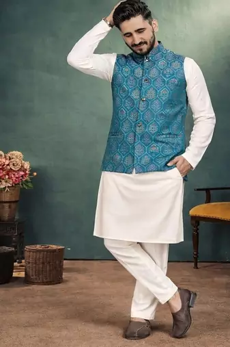 teal pink jacquard silk koti kurta payjama set