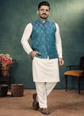 teal pink jacquard silk koti kurta payjama set 3