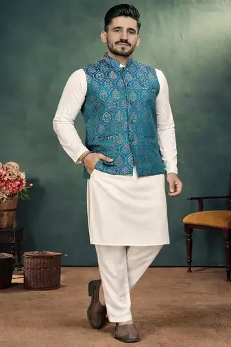 teal pink jacquard silk koti kurta payjama set