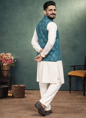 teal pink jacquard silk koti kurta payjama set 4