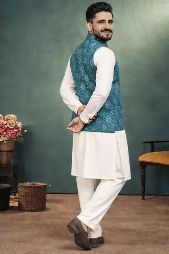 teal pink jacquard silk koti kurta payjama set