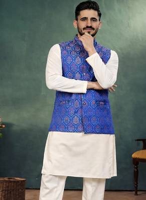 navy blue jacquard koti kurta pajama set for men 1
