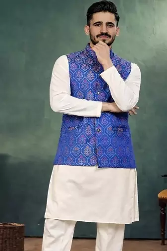 navy blue jacquard koti kurta pajama set for men