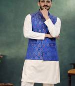 navy blue jacquard koti kurta pajama set for men