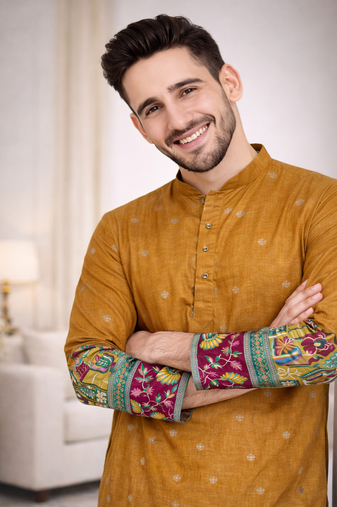 mustard patola foil print dola silk kurta payjama set
