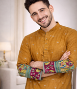 mustard patola foil print dola silk kurta payjama set