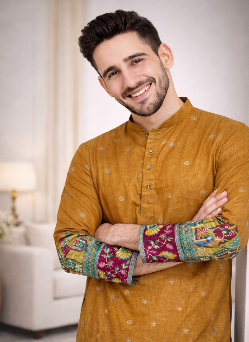 mustard patola foil print dola silk kurta payjama set