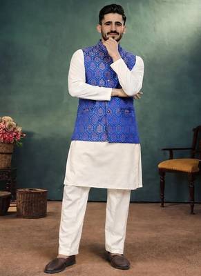 navy blue jacquard koti kurta pajama set for men 2
