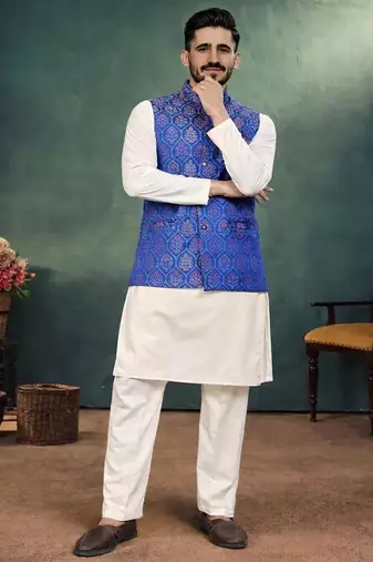 navy blue jacquard koti kurta pajama set for men
