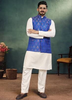 navy blue jacquard koti kurta pajama set for men 3