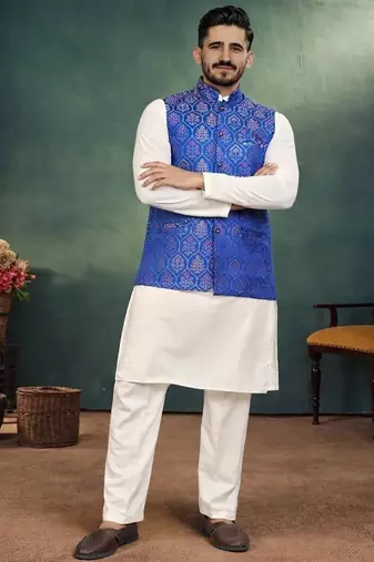 navy blue jacquard koti kurta pajama set for men