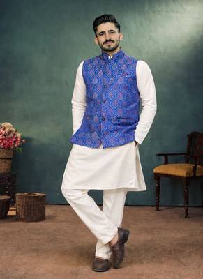 navy blue jacquard koti kurta pajama set for men 4