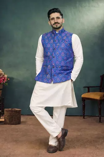 navy blue jacquard koti kurta pajama set for men