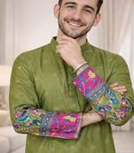 pista color patola print dola silk kurta pajama set